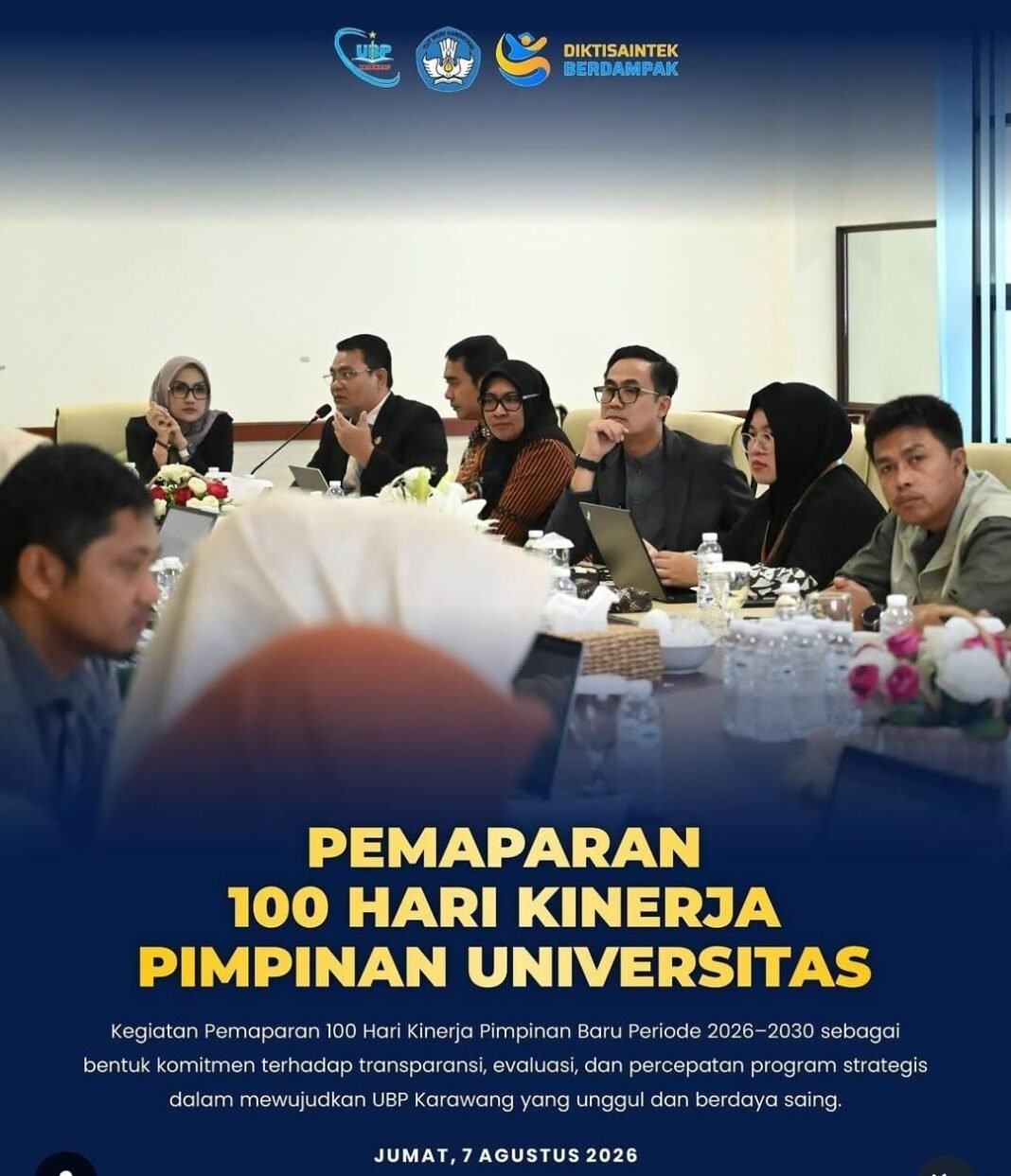 Universitas Buana Perjuangan (UBP) Karawang menggelar rapat pimpinan dengan agenda pemaparan 100 hari kinerja pimpinan baru periode 2026–2030, Jumat (7/8/2026).